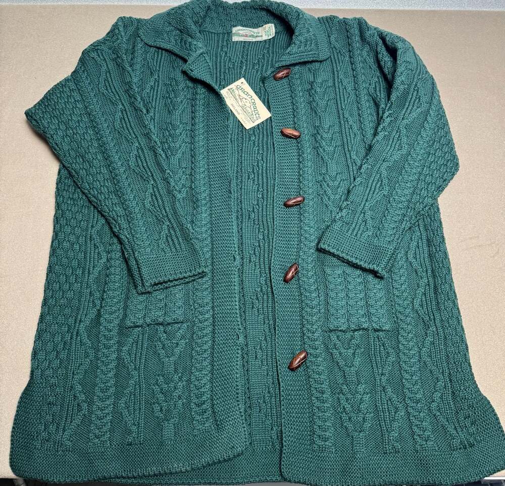 Aran Crafts Irish Merino Wool Long Cardigan Sweater with Toggle Buttons - Picture 1 of 4
